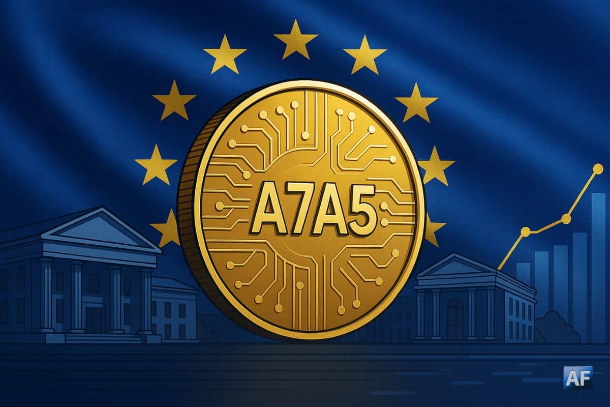 Drapeau de l’Union européenne en arrière-plan et pièce numérique symbolisant le stablecoin A7A5, représentant la régulation des cryptomonnaies en Europe.