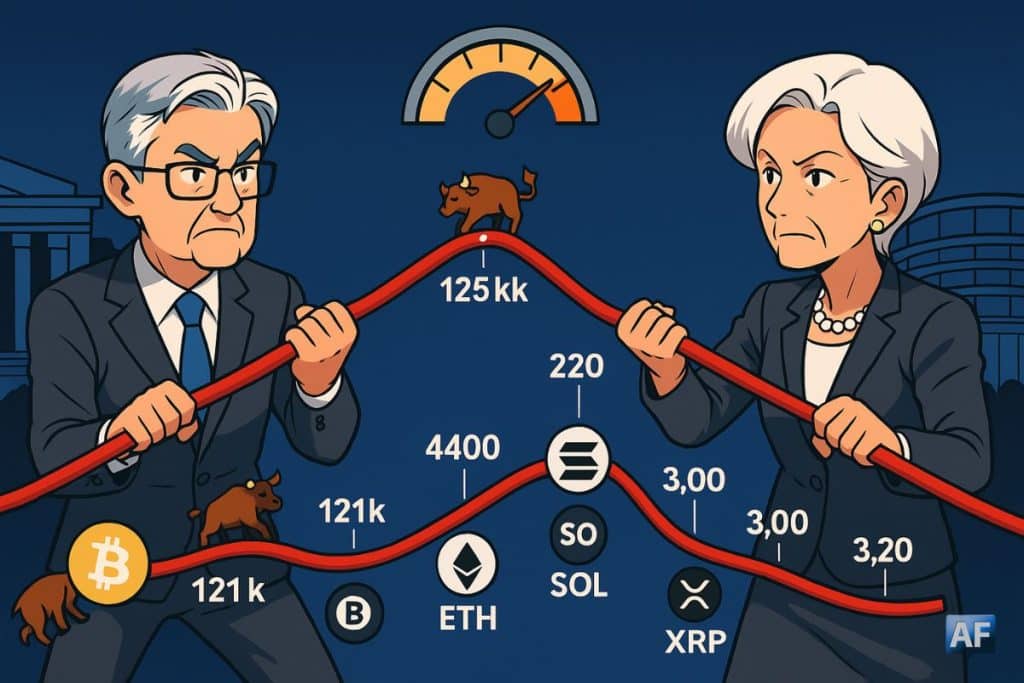Un Powell et une Lagarde en style BD tirent chacun une corde en forme de courbe de prix, avec logos BTC/ETH/SOL/XRP et repères de seuils, sous une jauge de volatilité.