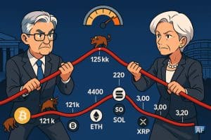 Un Powell et une Lagarde en style BD tirent chacun une corde en forme de courbe de prix, avec logos BTC/ETH/SOL/XRP et repères de seuils, sous une jauge de volatilité.