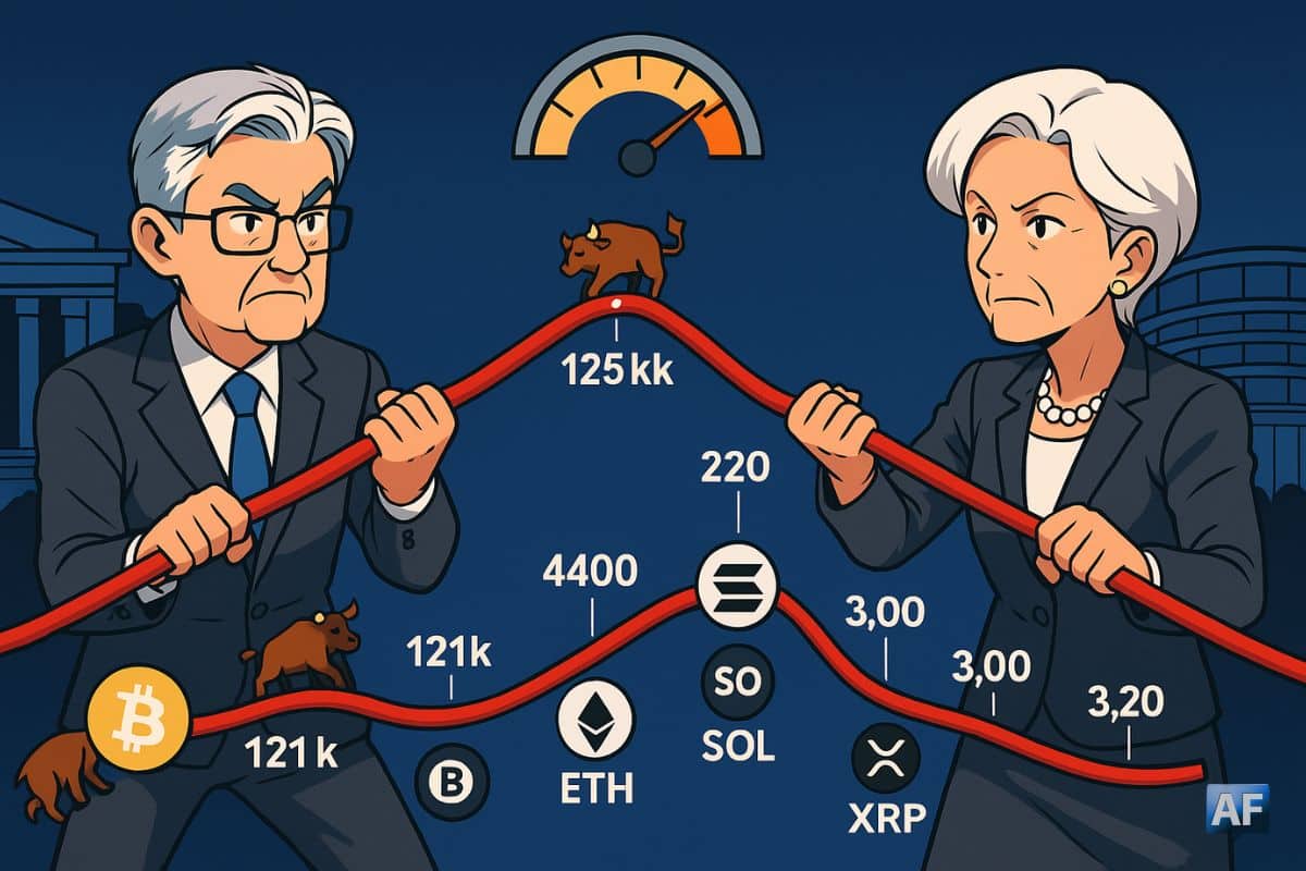 Un Powell et une Lagarde en style BD tirent chacun une corde en forme de courbe de prix, avec logos BTC/ETH/SOL/XRP et repères de seuils, sous une jauge de volatilité.