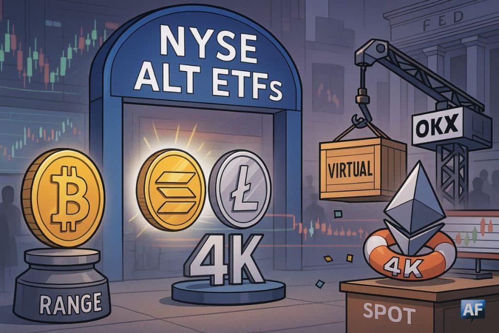 Arche “NYSE — ALT ETFs” illuminée, Bitcoin sur socle “Range”, Solana et Litecoin avancent vers la cotation, une grue OKX hisse “VIRTUAL”, tandis qu’Ethereum flotte dans une bouée “4K” devant écrans de marché.