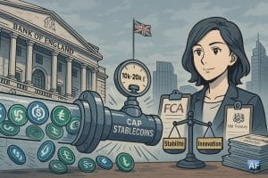 À Londres, une vanne « CAP STABLECOINS » régule un flux d’USDC/USDT devant la Bank of England, tandis que Sarah Breeden pèse « Stabilité » et « Innovation » sous un ciel gris.