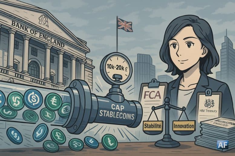 À Londres, une vanne « CAP STABLECOINS » régule un flux d’USDC/USDT devant la Bank of England, tandis que Sarah Breeden pèse « Stabilité » et « Innovation » sous un ciel gris.