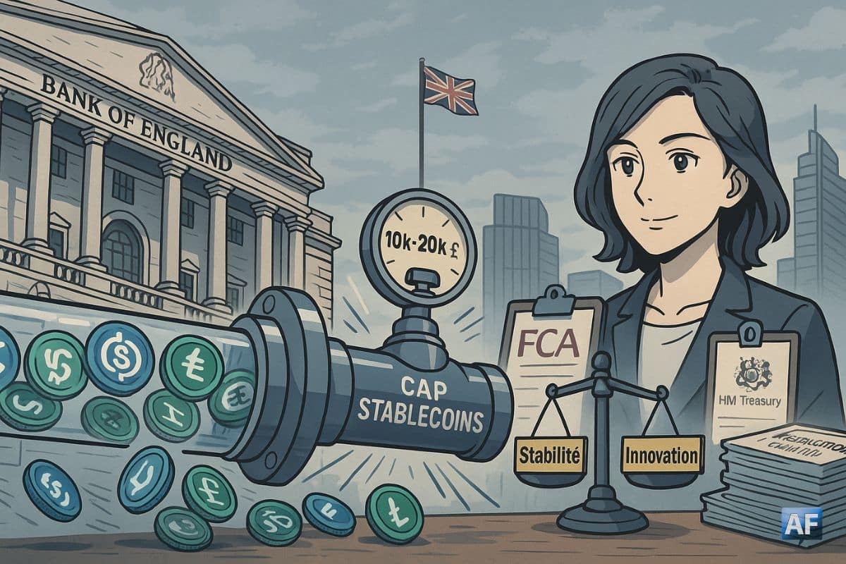 À Londres, une vanne « CAP STABLECOINS » régule un flux d’USDC/USDT devant la Bank of England, tandis que Sarah Breeden pèse « Stabilité » et « Innovation » sous un ciel gris.
