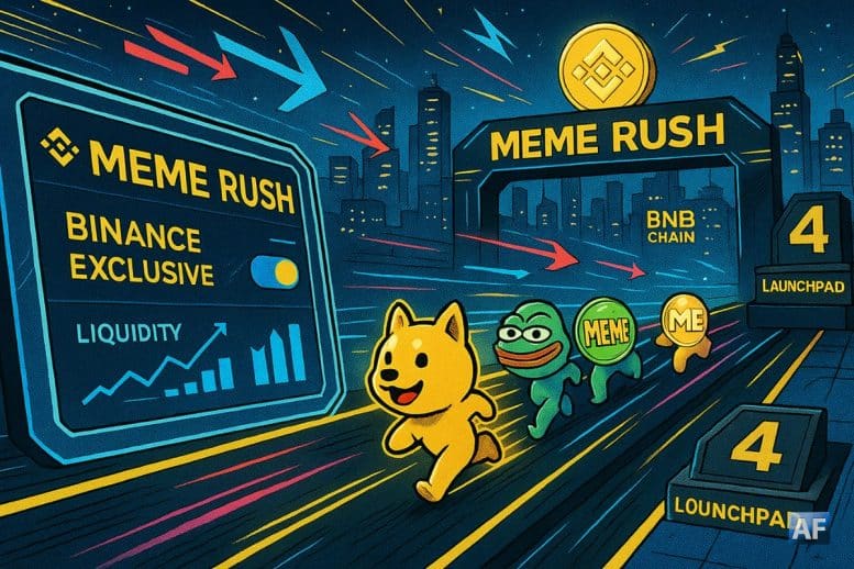 Dashboard holographique du Binance Wallet affichant « Meme Rush », mascottes de memecoins sprintant vers un portique, sous un soleil-BNB et une skyline futuriste.