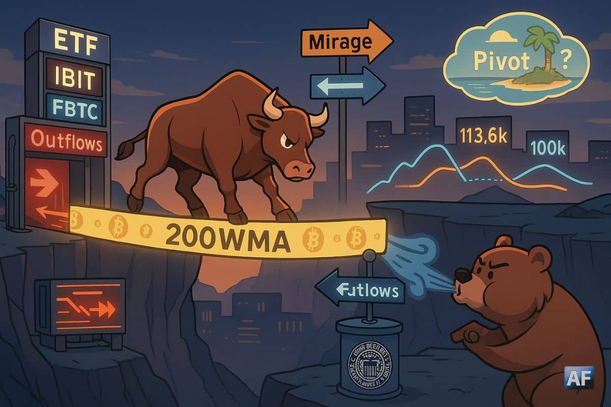 Un taureau avance en funambule sur un ruban “200WMA” au-dessus d’un canyon, tandis qu’un ours souffle des vents “Macro” et qu’un portique “ETF/IBIT/FBTC – Outflows” clignote près des seuils “109k/113,6k/100k”.