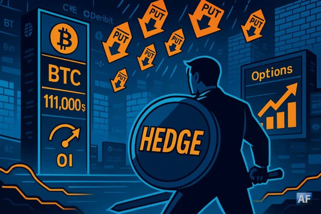 Un trader de dos brandit un bouclier « HEDGE » sous une pluie d’icônes PUT, tandis qu’un totem « BTC 111 000 $ » bloque sous résistance sur un floor néon bleu-cyan.