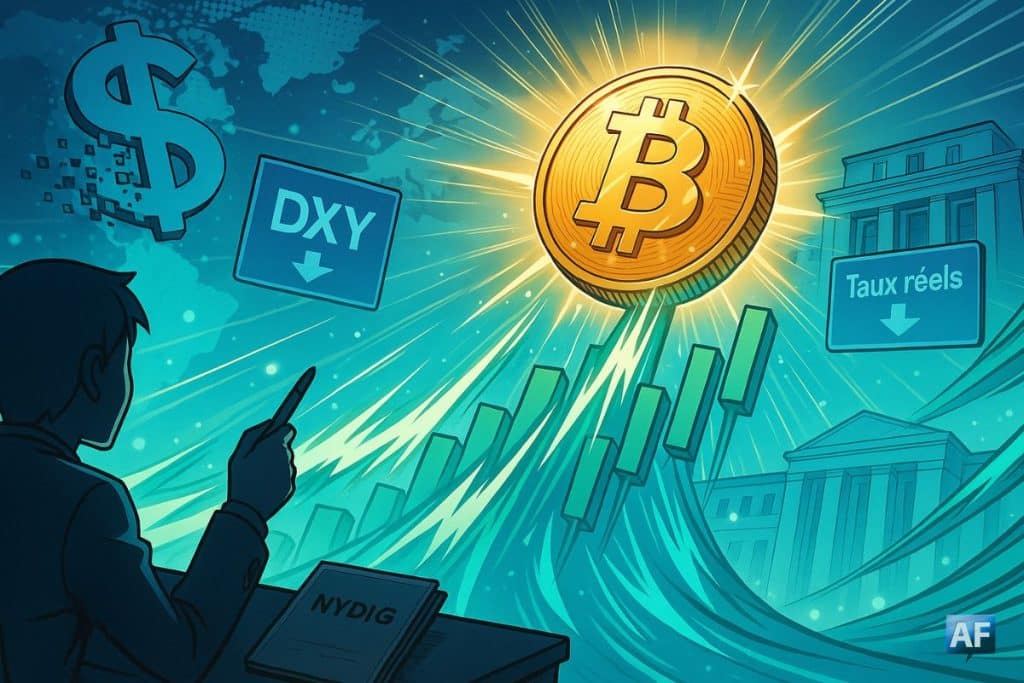 Un jeton Bitcoin rayonnant s’élève tandis que le dollar se délite, sur fond de Fed et de flux de liquidité.