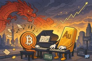 Une pièce Bitcoin et un lingot d'or jouent sur le même piano, sur un fond de nuages sombres et de villes high-tech chinoise et américaine se faisant face.