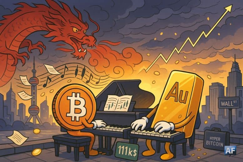 Une pièce Bitcoin et un lingot d'or jouent sur le même piano, sur un fond de nuages sombres et de villes high-tech chinoise et américaine se faisant face.