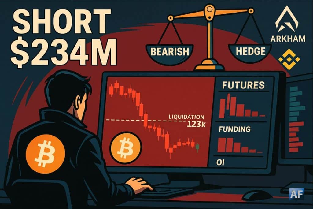 Dans une salle de marché BD, un trader scrute un écran montrant la chute du BTC, un seuil de liquidation « 123k », des jauges futures/funding/OI et une balance « bearish/hedge » symbolisant l’hésitation.