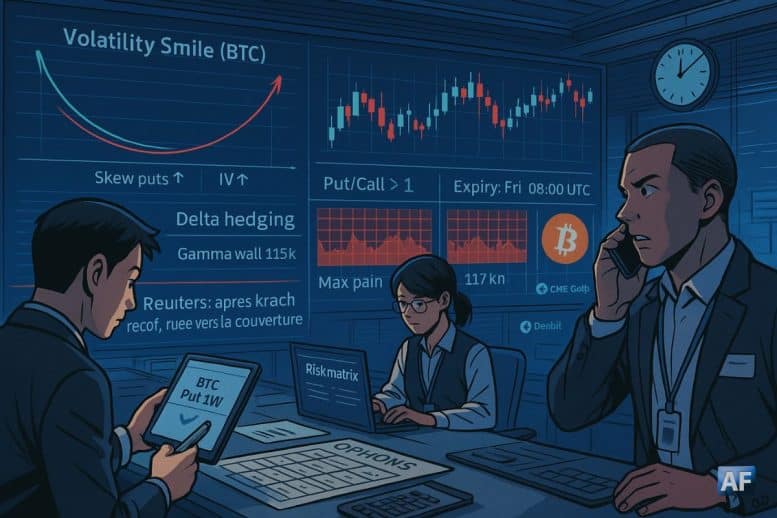 Dans une salle de marché nocturne, trois traders ajustent frénétiquement des puts Bitcoin devant des écrans affichant smiles de volatilité, heatmaps gamma, et un “max pain” clignotant à 117 000 $.