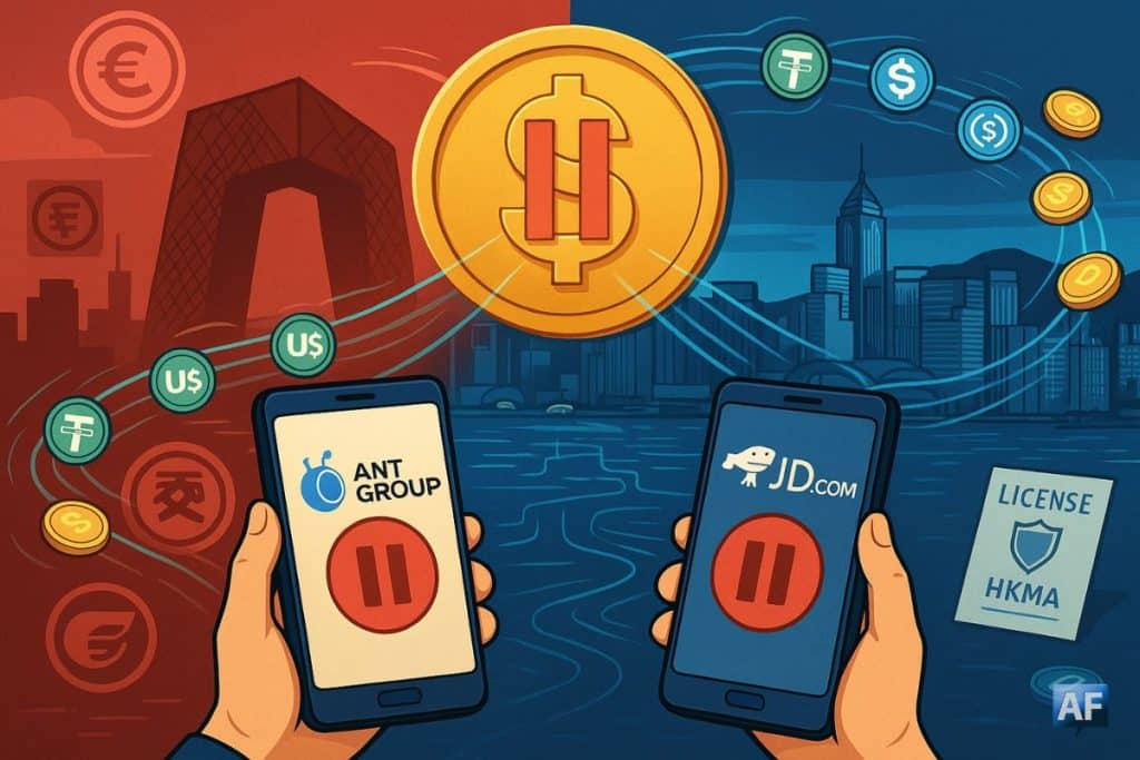 Une pièce « stablecoin » stoppée par un icône pause entre Pékin et Hong Kong, tandis que des flux USDT/USDC contournent l’obstacle et poursuivent vers la baie.