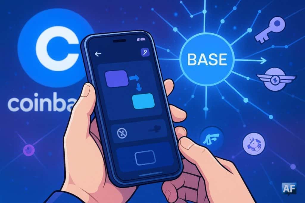Un smartphone affichant une interface de swap on-chain façon Coinbase DEX, entouré d’un réseau lumineux convergeant vers Base, avec de discrets pictogrammes d’Uniswap et d’Aerodrome en arrière-plan.