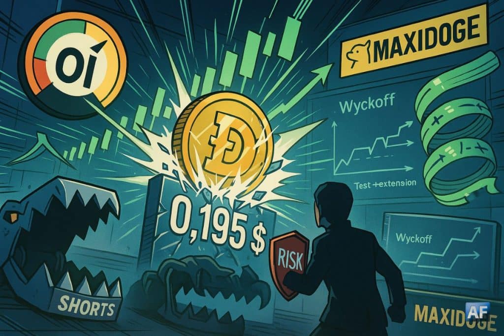 Un jeton Dogecoin brise “0,195 $” ; l’OI grimpe, des rubans “funding” tourbillonnent et des mâchoires “shorts” se referment, face à un trader au bouclier “Risk”.