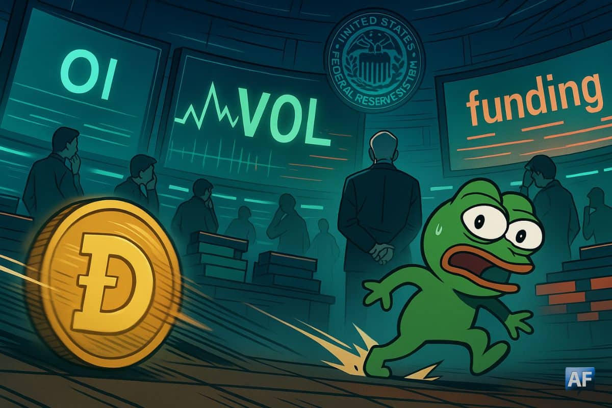 Sur un parquet d’exchange en tension, le jeton Dogecoin fonce tandis qu’une grenouille mème s’écarte, sous des écrans “VOL”, “OI” et “funding” qui clignotent avant la Fed.