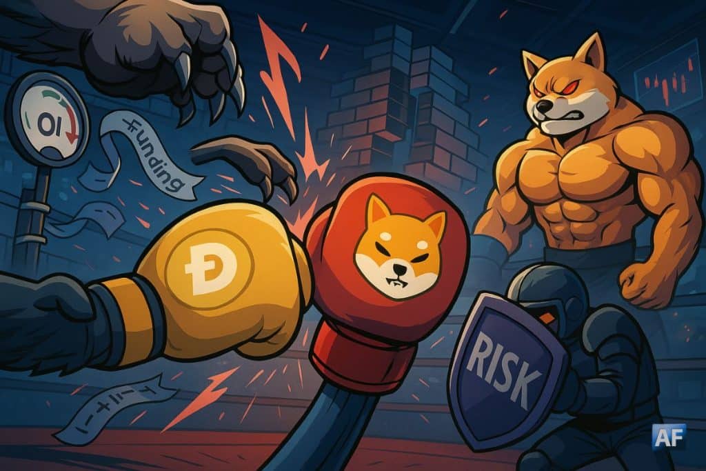 Dans une salle des marchés stylisée, deux gants DOGE et SHIB pressés par des bras-ours illustrent la pression baissière et l’OI en berne, tandis qu’un trader se protège derrière un bouclier « Risk ».