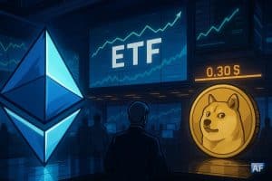 Salle de marché nocturne où le logo d’Ethereum brille en bleu face à un Dogecoin doré sous l’affichage “0,30 $”, avec écrans “ETF” en arrière-plan.