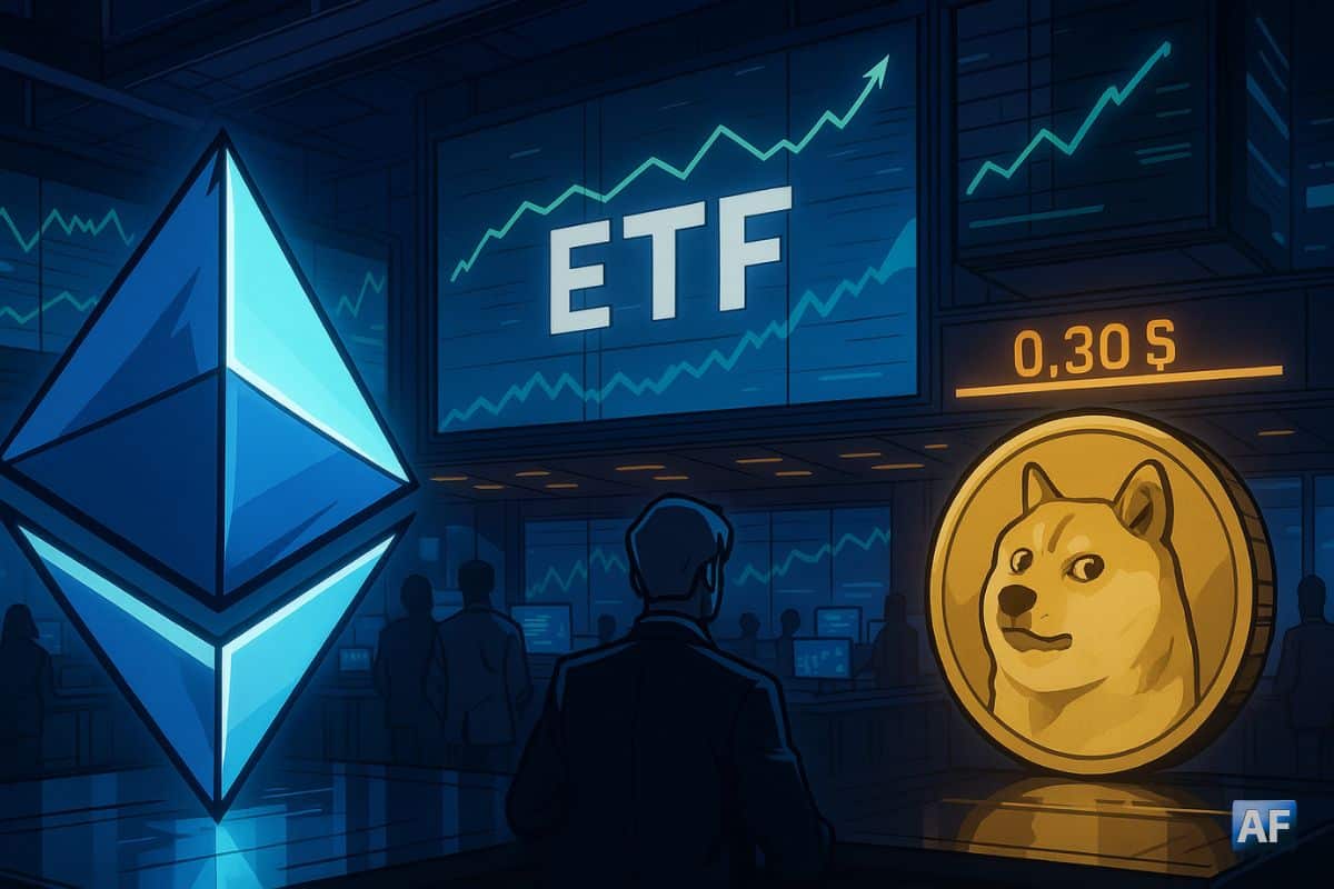 Salle de marché nocturne où le logo d’Ethereum brille en bleu face à un Dogecoin doré sous l’affichage “0,30 $”, avec écrans “ETF” en arrière-plan.