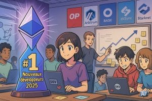 Dans un hackathon lumineux, un trophée #1 en forme de logo Ethereum rayonne tandis que de jeunes développeurs codent, entourés de mini-bannières L2 et d’un caméo BD de Vitalik pointant une courbe de commits.