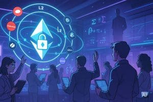 Salle de contrôle futuriste en BD où un bouclier-logo « Ξ » relie des réseaux L1/L2 autour d’ingénieurs, symbolisant le « Privacy Cluster » d’Ethereum dans une ambiance violet-bleu.