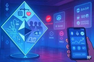 Une vitrine futuriste en tons bleu/violet montre un miroir en diamant Ethereum équilibrant “technique” et “perception”, pendant qu’un smartphone-wallet simplifié relie l’écosystème L2 à l’usage concret.