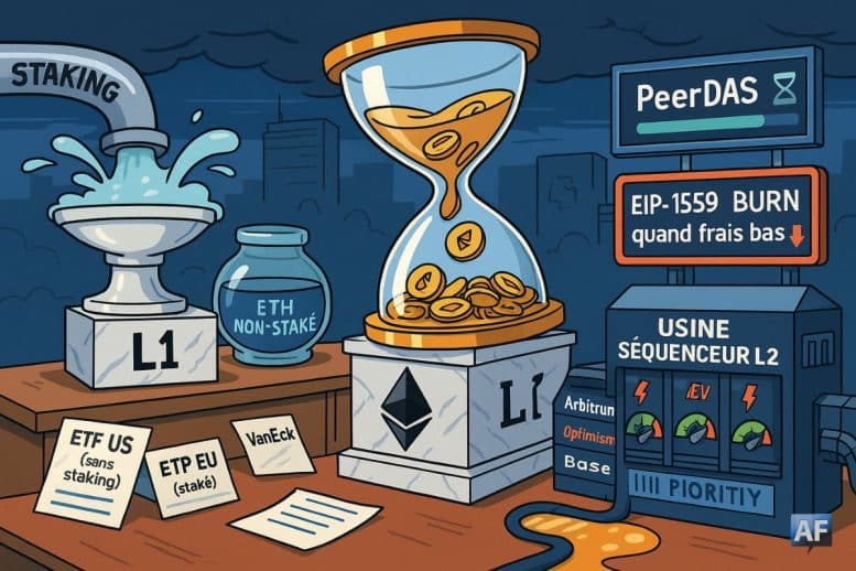 Allégorie BD d’Ethereum où un sablier déverse la valeur de la L1 vers une usine de séquenceurs L2, tandis que le “Staking” déborde et que l’“ETH non-staké” se vide.