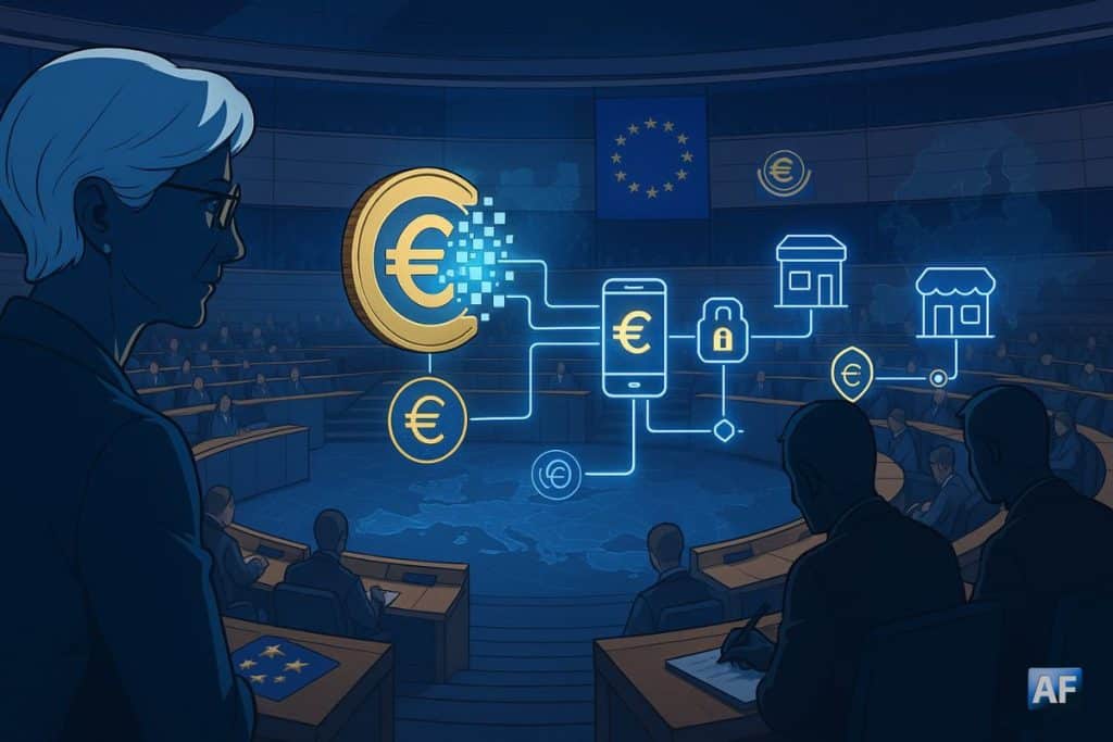 Dans l’hémicycle européen, une pièce « € » se pixelise en e-euro et irrigue des réseaux de paiement sous le regard discret des régulateurs, symbolisant une souveraineté numérique assumée.