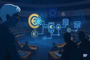 Dans l’hémicycle européen, une pièce « € » se pixelise en e-euro et irrigue des réseaux de paiement sous le regard discret des régulateurs, symbolisant une souveraineté numérique assumée.