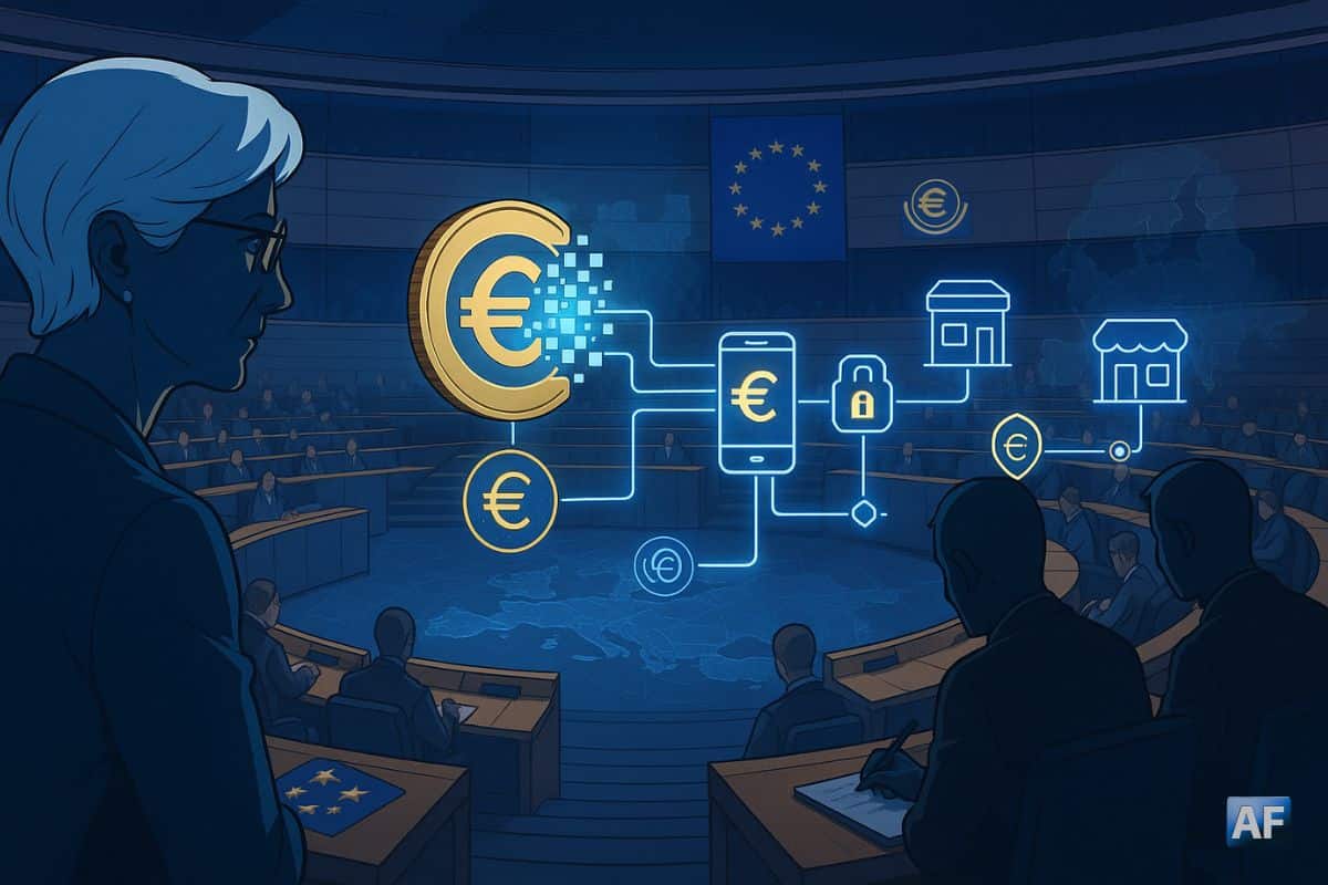 Dans l’hémicycle européen, une pièce « € » se pixelise en e-euro et irrigue des réseaux de paiement sous le regard discret des régulateurs, symbolisant une souveraineté numérique assumée.