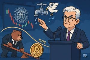 Jerome Powell montre un robinet presque coupé sur fond de salle de conférence de la FED.