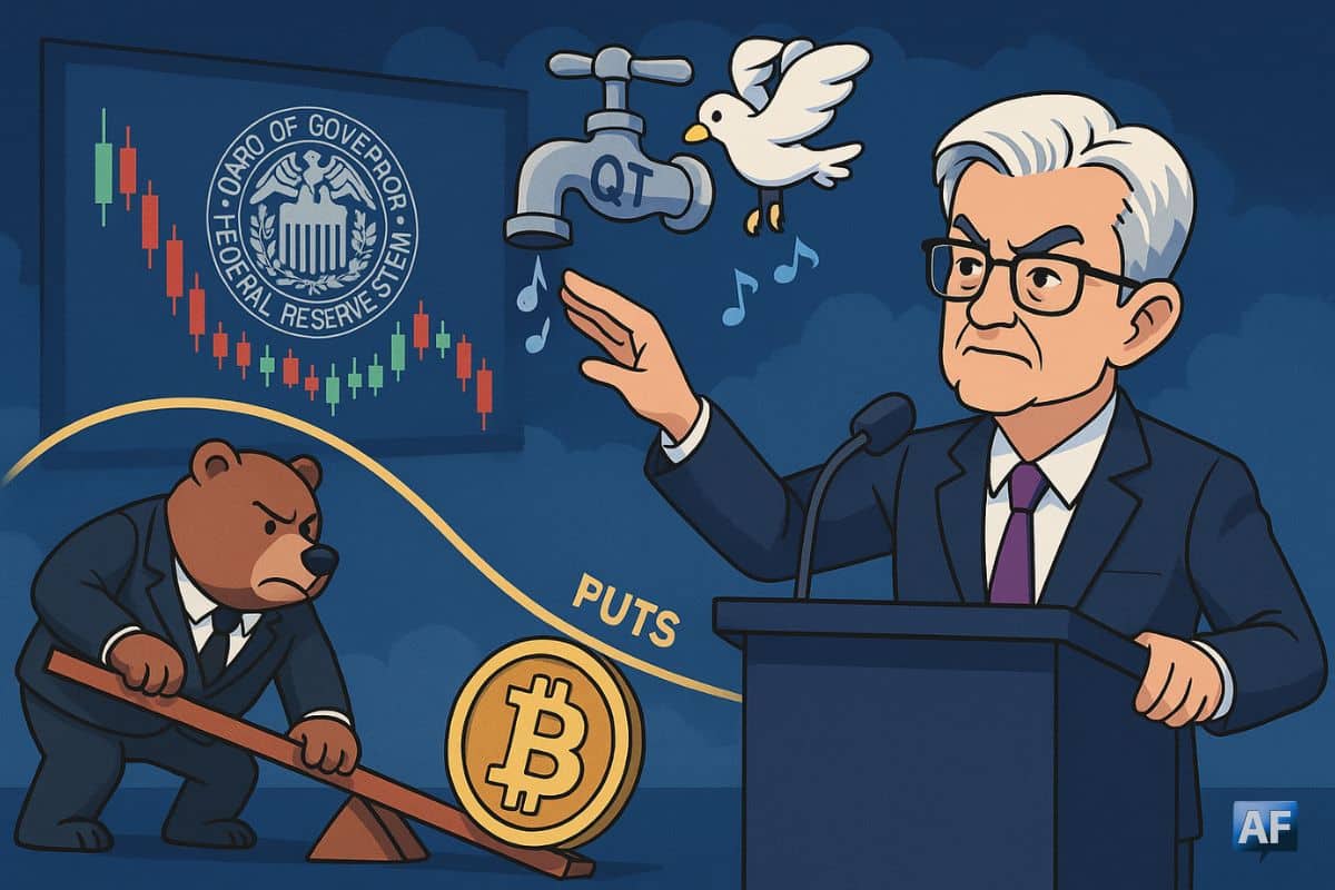 Jerome Powell montre un robinet presque coupé sur fond de salle de conférence de la FED.