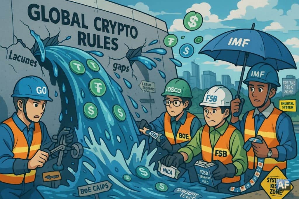 Un barrage « Global Crypto Rules » fissuré laisse déferler des stablecoins USDT/USDC vers une « Systemic Risk Zone », tandis que des régulateurs G20/FSB/IOSCO/IMF tentent de colmater.