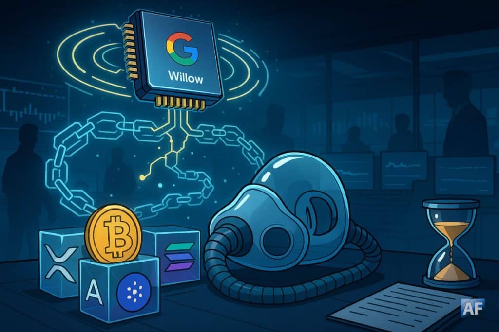 Une puce quantique marquée Google irradie une salle des marchés tandis que les logos ₿, XRP, SOL et ADA, sous un masque d’oxygène, attendent en apnée.