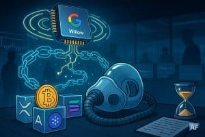 Une puce quantique marquée Google irradie une salle des marchés tandis que les logos ₿, XRP, SOL et ADA, sous un masque d’oxygène, attendent en apnée.