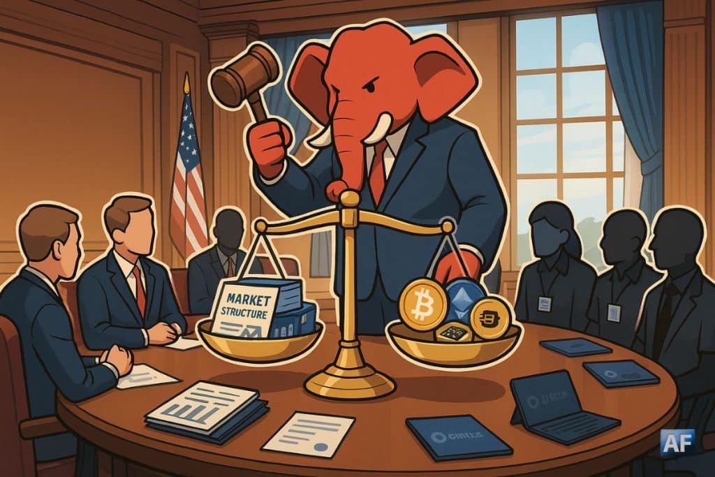 Dans une salle du Capitole, un éléphant rouge brandit un marteau au-dessus d’une balance où s’opposent dossiers « Market Structure » et jetons crypto, face-à-face entre sénateurs républicains et CEO anonymisés.