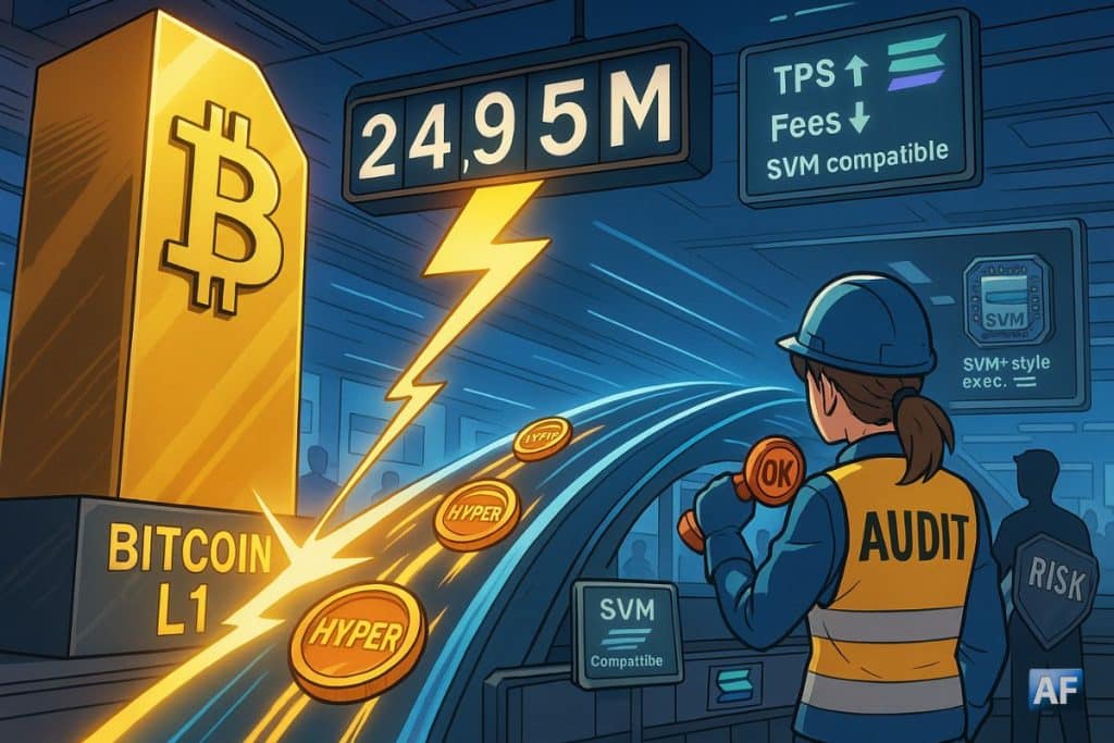 Un pont en éclair relie Bitcoin L1 à l’autoroute Hyper Bitcoin L2, tandis qu’un compteur franchit 25 M $ et des jetons HYPER filent façon manga dans une salle des marchés futuriste.