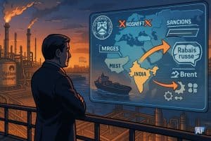 Au crépuscule à Jamnagar, une silhouette d’Ambani observe un écran cartographique “Sanctions US” où les flux Rosneft/Lukoil vers l’Inde se détournent, tandis qu’un pétrolier change de route près de la raffinerie.