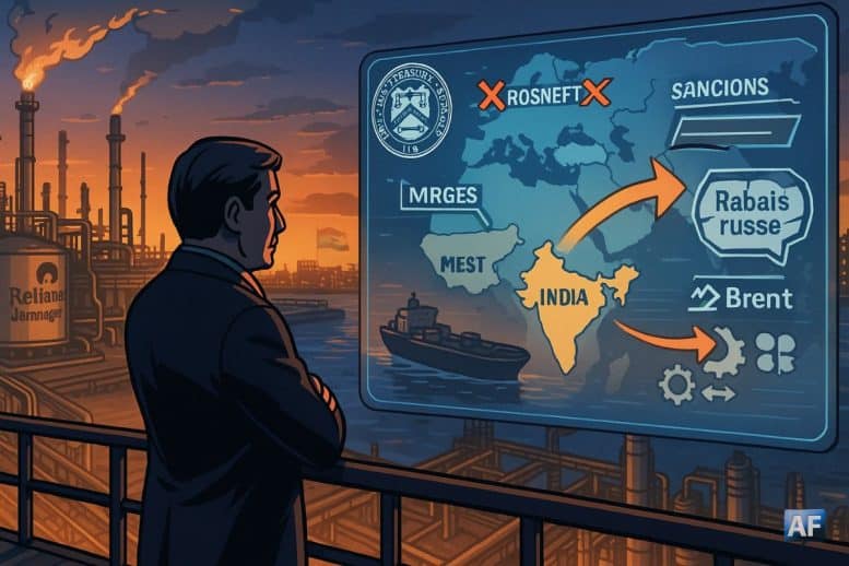Au crépuscule à Jamnagar, une silhouette d’Ambani observe un écran cartographique “Sanctions US” où les flux Rosneft/Lukoil vers l’Inde se détournent, tandis qu’un pétrolier change de route près de la raffinerie.