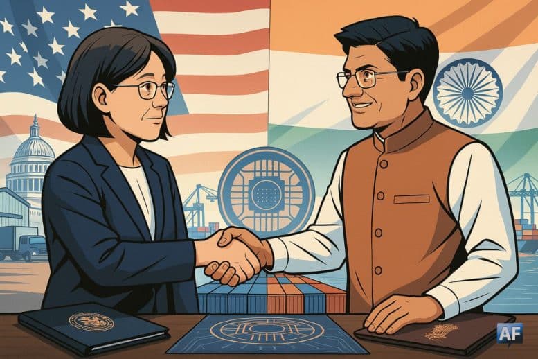 Une poignée de main diplomatique entre Katherine Tai et Piyush Goyal, sur fond de pont de conteneurs reliant Washington et New Delhi, symbolise un accord commercial en gestation.