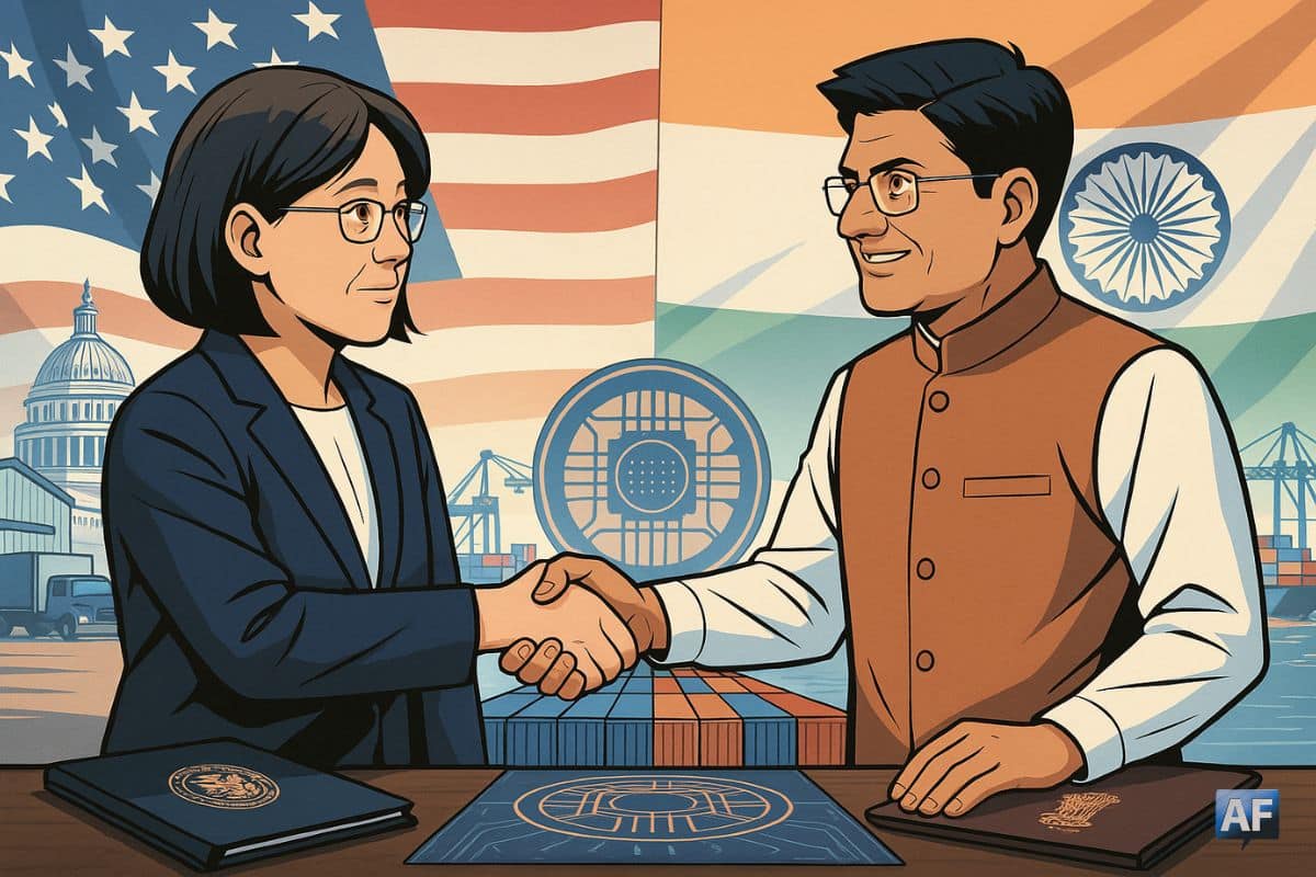 Une poignée de main diplomatique entre Katherine Tai et Piyush Goyal, sur fond de pont de conteneurs reliant Washington et New Delhi, symbolise un accord commercial en gestation.
