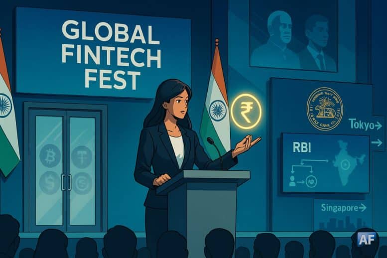 Une oratrice présente l’e-roupie tandis qu’une porte vitrée “laisse dehors” les logos crypto, avec des panneaux vers Tokyo et Singapour suggérant des hubs plus ouverts.