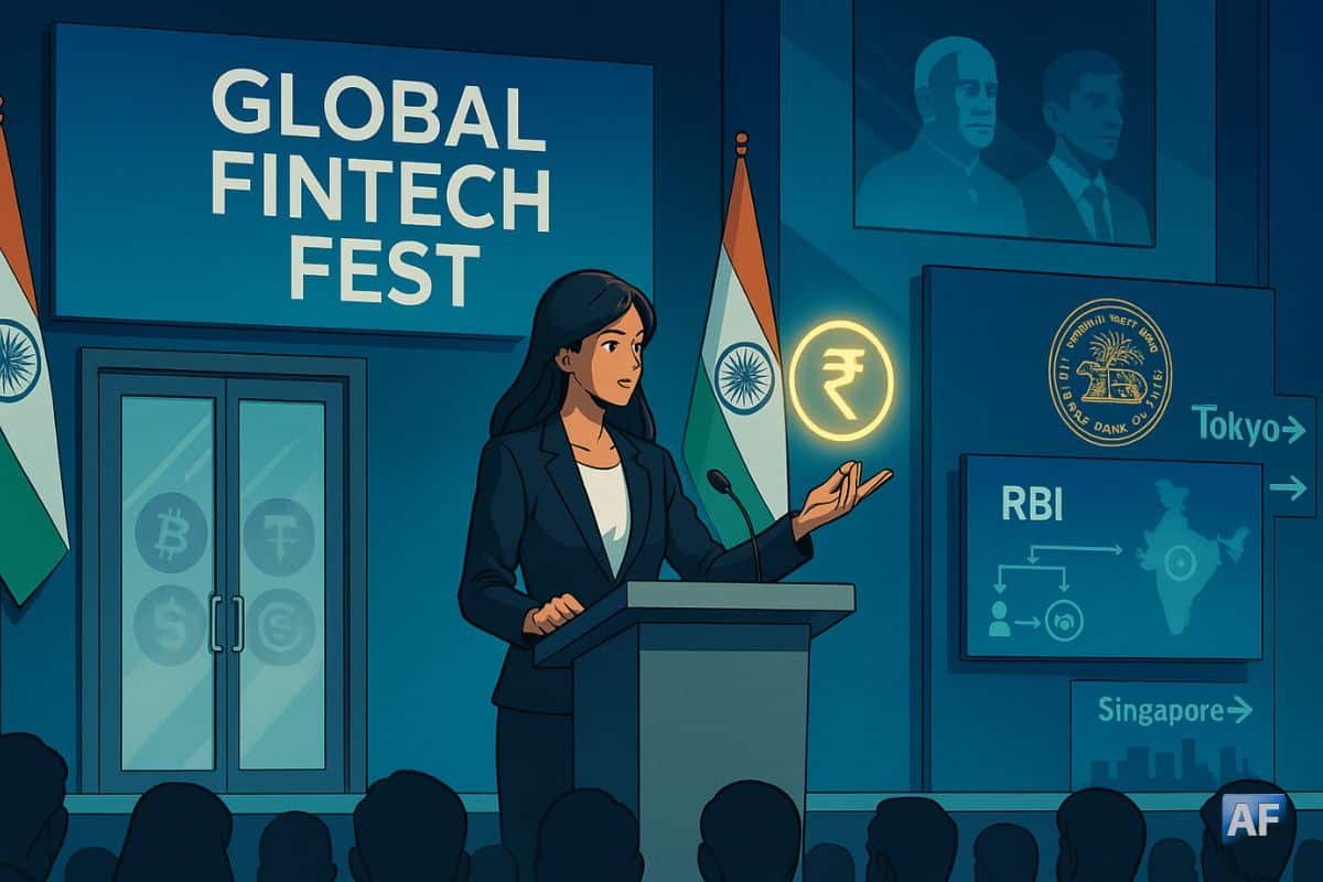 Une oratrice présente l’e-roupie tandis qu’une porte vitrée “laisse dehors” les logos crypto, avec des panneaux vers Tokyo et Singapour suggérant des hubs plus ouverts.