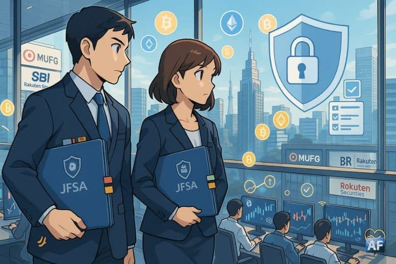 Des experts de la Japan Financial Services Agency, dossier sous le bras, observent des salles de trading crypto depuis une tour au coeur de Tokyo.