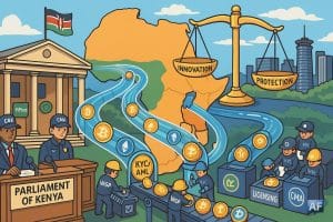 Un Parlement kényan stylisé filtre des flux de jetons via des postes “KYC/AML” vers un hub Nairobi, sous une grande balance « Innovation / Protection » devant une carte de l’Afrique de l’Est.