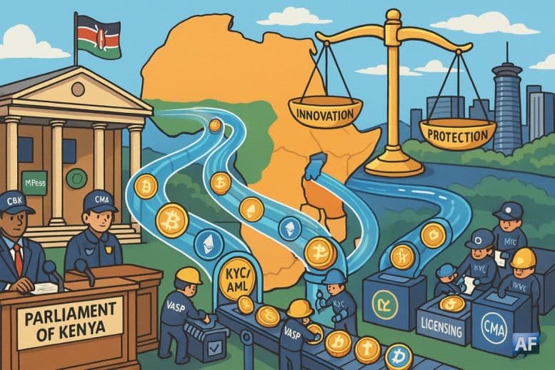 Un Parlement kényan stylisé filtre des flux de jetons via des postes “KYC/AML” vers un hub Nairobi, sous une grande balance « Innovation / Protection » devant une carte de l’Afrique de l’Est.