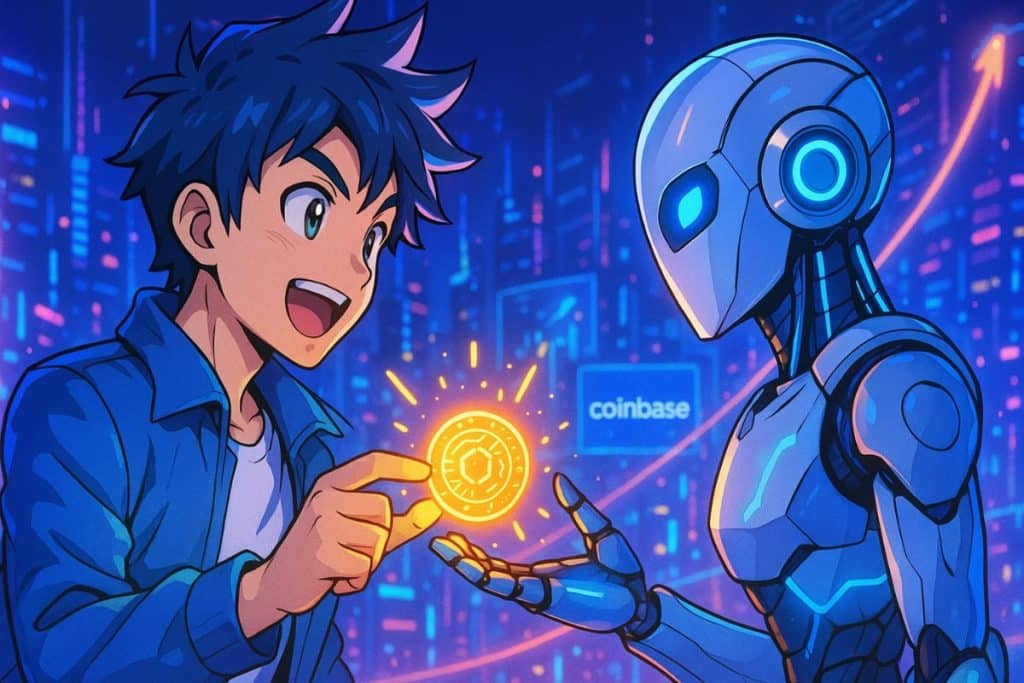 humain et IA se passent un jeton x402, arrière-plan urbain néon flou, flèche de croissance, logo Coinbase discret.