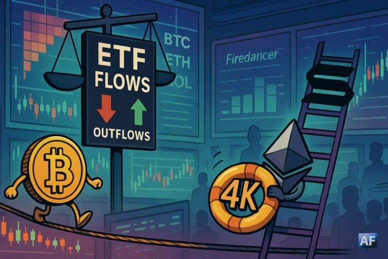 Balance “ETF FLOWS” penchée vers les sorties, Bitcoin funambule, Ethereum agrippé à une bouée “4K” et Solana montant l’échelle “Firedancer” sur fond d’écrans de marché nerveux.