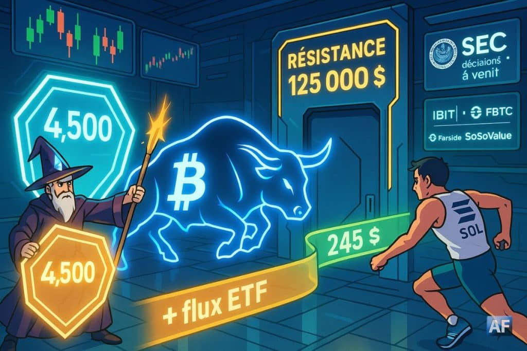 Dans une salle de marché, un taureau BTC fonce vers une porte 125000 $, un magicien Ether agite son bâton et un sprinter Solana fonce vers un bandeau d'arrivée 245 $.