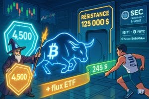 Dans une salle de marché, un taureau BTC fonce vers une porte 125000 $, un magicien Ether agite son bâton et un sprinter Solana fonce vers un bandeau d'arrivée 245 $.